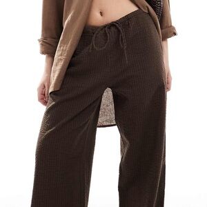 ASOS Monki wide leg drawstring seersucker pants in brown